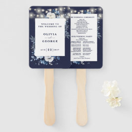 Navy Blue String Lights Floral Wedding Program Handwaaier