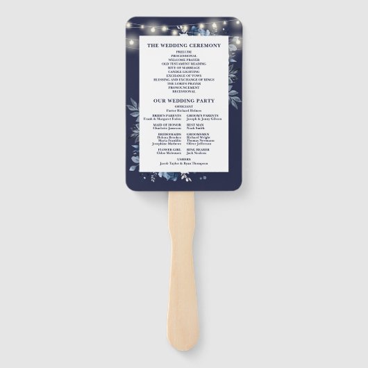 Navy Blue String Lights Floral Wedding Program Handwaaier (Achterkant)