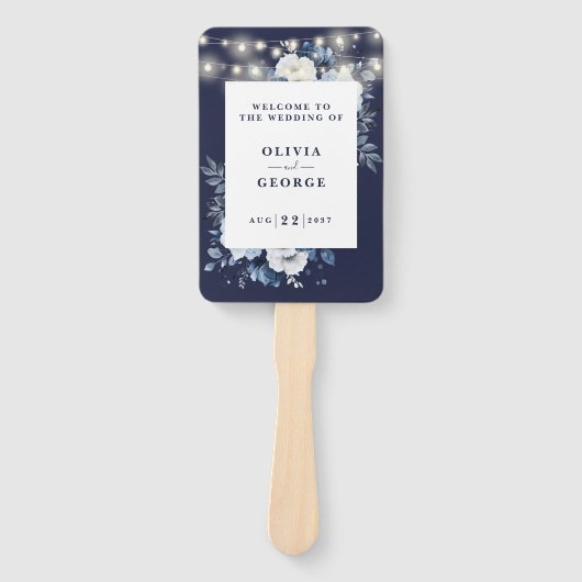 Navy Blue String Lights Floral Wedding Program Handwaaier (Voorkant)