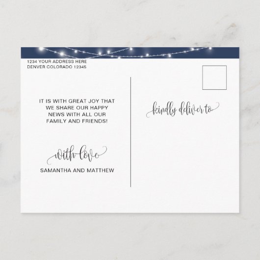 Navy Blue, String Lights, get Engaged, Verloving Aankondigingskaart (Achterkant)