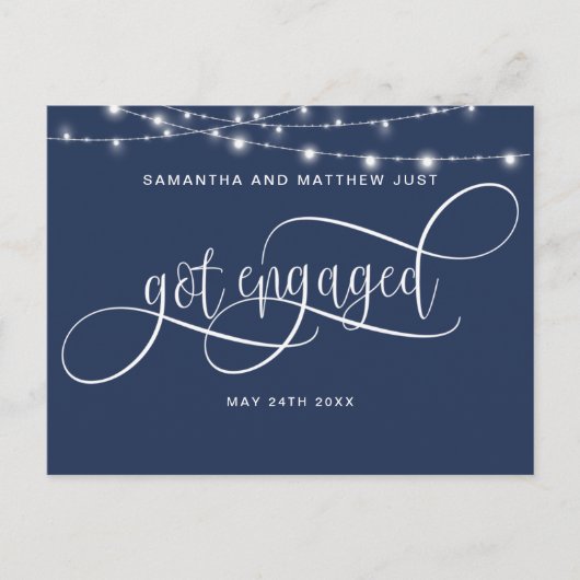 Navy Blue, String Lights, get Engaged, Verloving Aankondigingskaart (Voorkant)