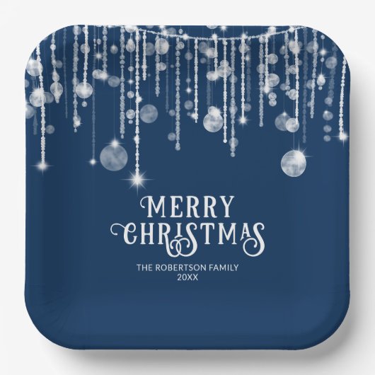 Navy Blue String Lights Kerstfeest Papieren Bordje (Voorkant)