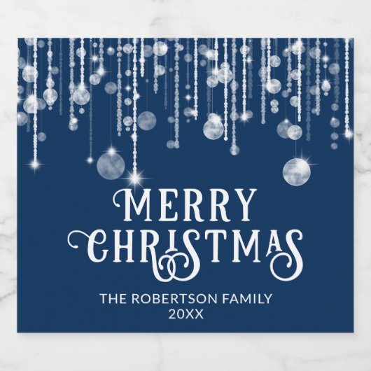 Navy Blue String Lights Kerstfeest Sparkling Wijnetiket (Enkel label)