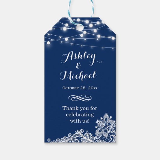 Navy Blue String Lights Lace Wedding Bedankt Cadeaulabel (Voorkant)