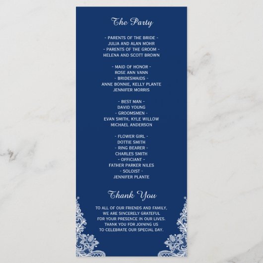 Navy Blue String Lights Lace Wedding Programme Programmakaart (Achterkant)