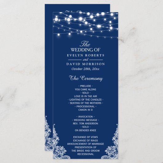 Navy Blue String Lights Lace Wedding Programme Programmakaart (Voorkant / Achterkant)