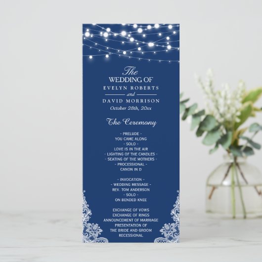 Navy Blue String Lights Lace Wedding Programme Programmakaart (Staand voorkant)