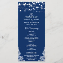Navy Blue String Lights Lace Wedding Programme Programmakaart