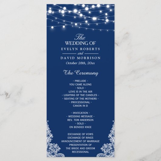 Navy Blue String Lights Lace Wedding Programme Programmakaart (Voorkant)