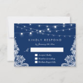 Navy Blue String Lights Lace Wedding RSVP Antwoord (Voorkant)