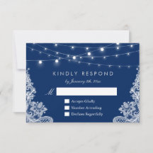 Navy Blue String Lights Lace Wedding RSVP Antwoord