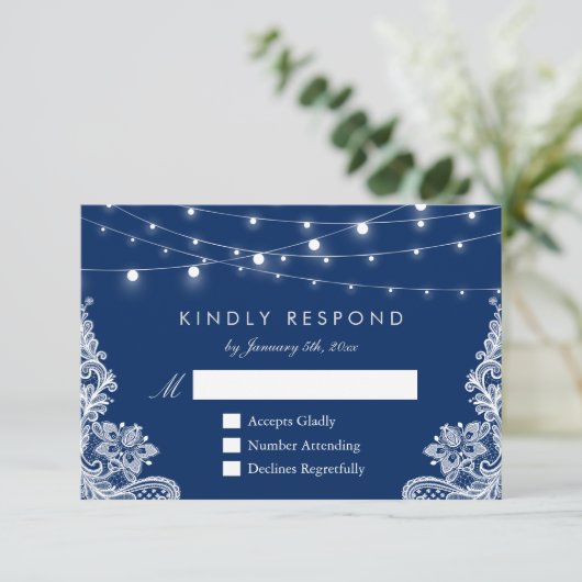 Navy Blue String Lights Lace Wedding RSVP Antwoord (Staand voorkant)