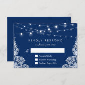 Navy Blue String Lights Lace Wedding RSVP Antwoord (Voorkant / Achterkant)
