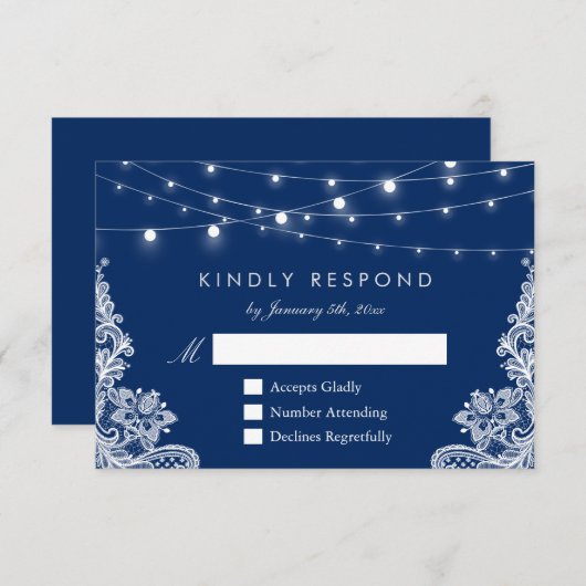 Navy Blue String Lights Lace Wedding RSVP Antwoord (Voorkant / Achterkant)