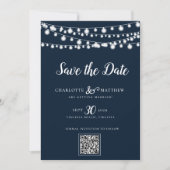 Navy Blue String Lights Modern Script Bewaar de Save The Date (Voorkant)