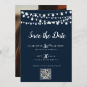 Navy Blue String Lights Modern Script Bewaar de Save The Date (Voorkant / Achterkant)