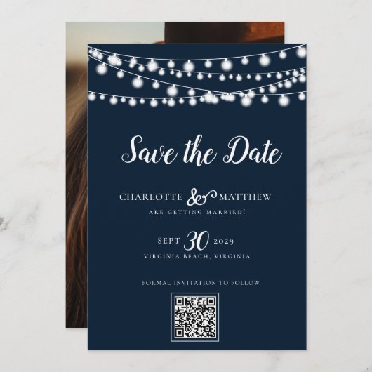 Navy Blue String Lights Modern Script Bewaar de Save The Date (Voorkant / Achterkant)