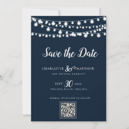 Navy Blue String Lights Modern Script Bewaar de Save The Date