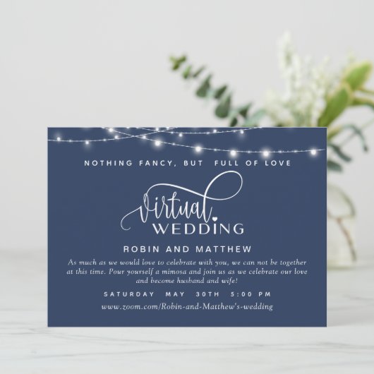 Navy Blue, String Lights, online virtueel huwelijk Kaart (Staand voorkant)