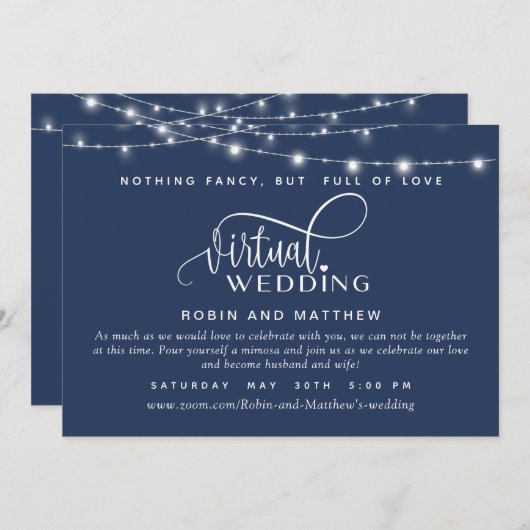 Navy Blue, String Lights, online virtueel huwelijk Kaart (Voorkant / Achterkant)