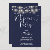 Navy Blue String Lights Script Pensioen Partij Kaart (Voorkant / Achterkant)