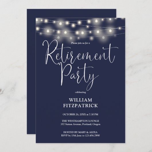 Navy Blue String Lights Script Pensioen Partij Kaart (Voorkant / Achterkant)