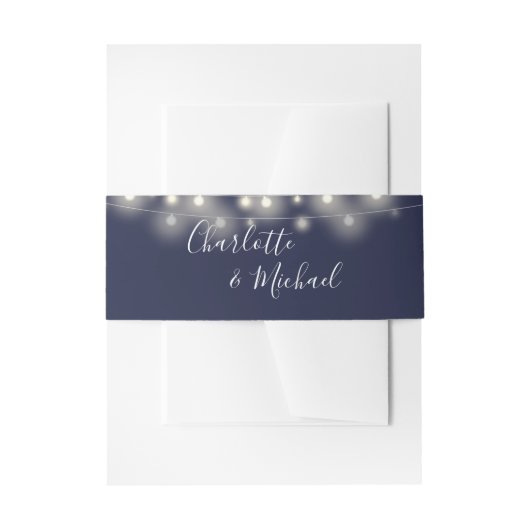 Navy Blue String Lights Signature Script Uitnodigingen Wikkel (Voorkant Voorbeeld)