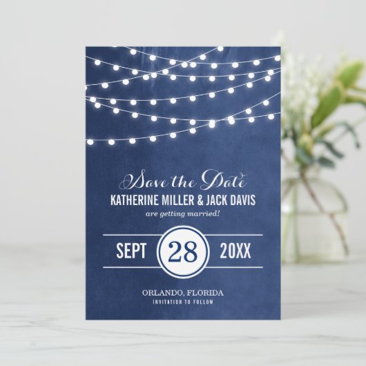 Navy Blue String Lights Sla de datum-aankondiging Save The Date (Staand voorkant)