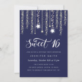 Navy Blue String Lights Sweet 16 Uitnodiging (Voorkant)