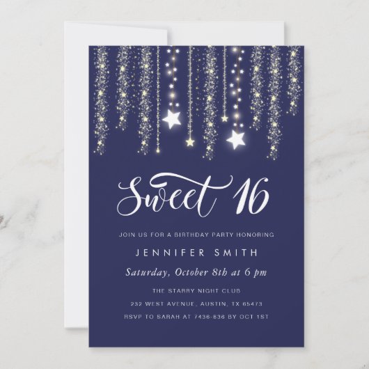 Navy Blue String Lights Sweet 16 Uitnodiging (Voorkant)