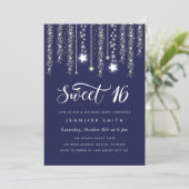 Navy Blue String Lights Sweet 16 Uitnodiging (Staand voorkant)