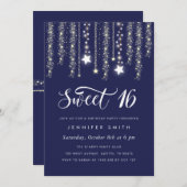 Navy Blue String Lights Sweet 16 Uitnodiging (Voorkant / Achterkant)
