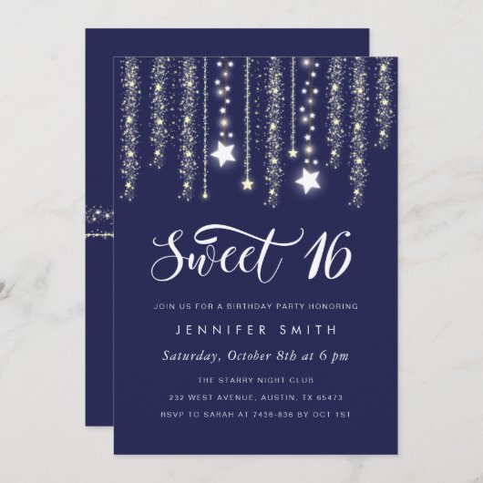 Navy Blue String Lights Sweet 16 Uitnodiging (Voorkant / Achterkant)