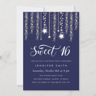 Navy Blue String Lights Sweet 16 Uitnodiging