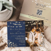 Navy Blue String Lights Wedding QR Uitnodigen Kaart