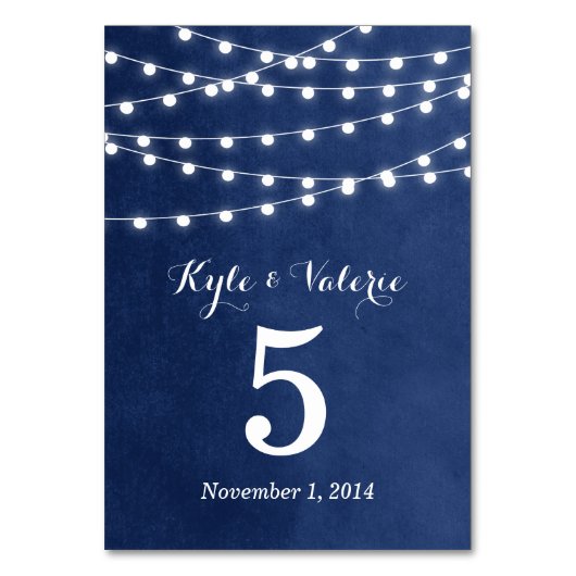 Navy Blue String Lights Wedding Table Numbers Kaart (Voorkant)