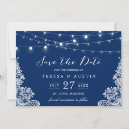 Navy Blue String Lights White Lace | Datum opslaan Save The Date