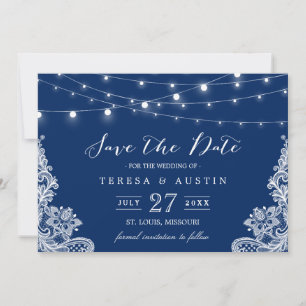 Navy Blue String Lights White Lace   Datum opslaan Save The Date