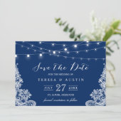 Navy Blue String Lights White Lace | Datum opslaan Save The Date (Staand voorkant)