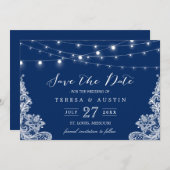 Navy Blue String Lights White Lace | Datum opslaan Save The Date (Voorkant / Achterkant)