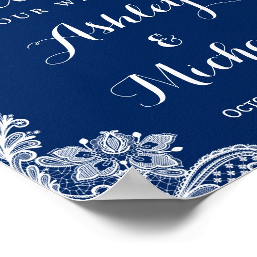 Navy Blue String Lights White Lace Wedding Sign Poster (Hoek)