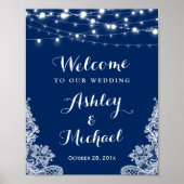 Navy Blue String Lights White Lace Wedding Sign Poster (Voorkant)