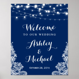 Navy Blue String Lights White Lace Wedding Sign Poster