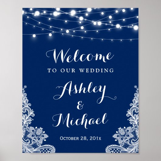 Navy Blue String Lights White Lace Wedding Sign Poster (Voorkant)