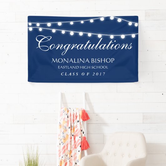 Navy Blue String of Lights Gefeliciteerd Afstudere Spandoek (Insitu)
