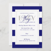 Navy Blue Stripe Baby Boy Shower Faux Silver Kaart (Voorkant)