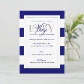 Navy Blue Stripe Baby Boy Shower Faux Silver Kaart (Staand voorkant)