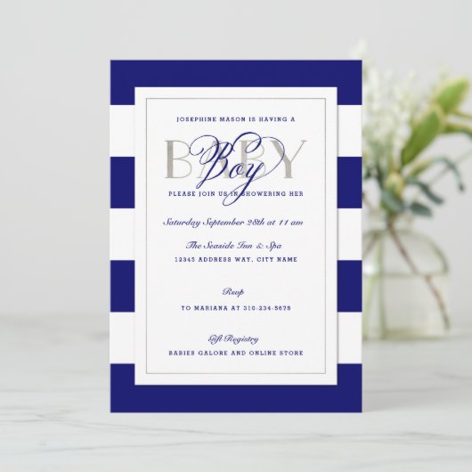 Navy Blue Stripe Baby Boy Shower Faux Silver Kaart (Staand voorkant)