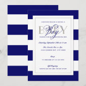 Navy Blue Stripe Baby Boy Shower Faux Silver Kaart (Voorkant / Achterkant)