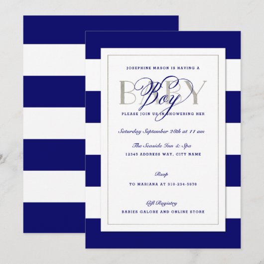 Navy Blue Stripe Baby Boy Shower Faux Silver Kaart (Voorkant / Achterkant)
